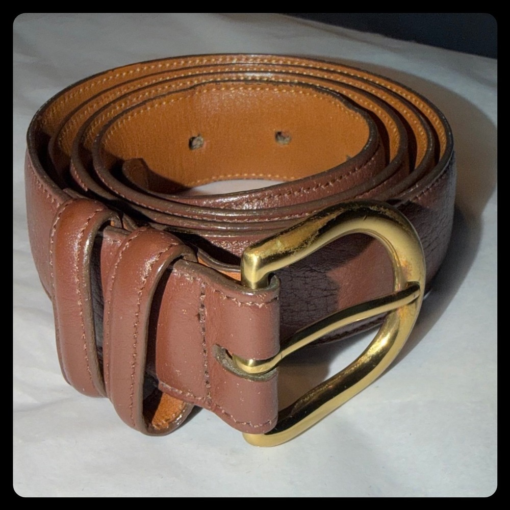 Lands End Leather Belt Mens 34 Brown Gold Buckle Made in USA Classic Dress 73369